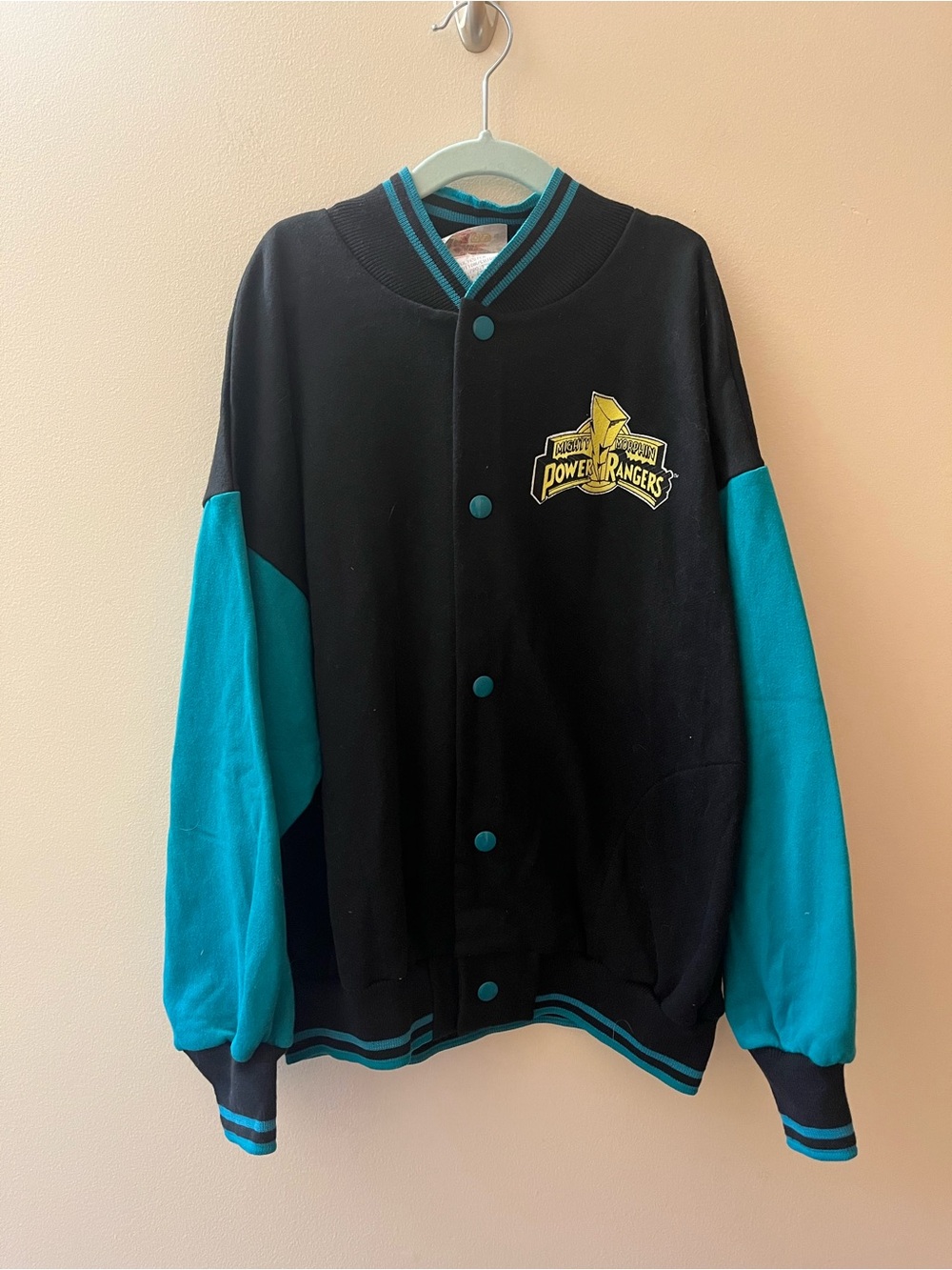 Vintage Kids Power Ranger Black & Teal Varsity Jacket